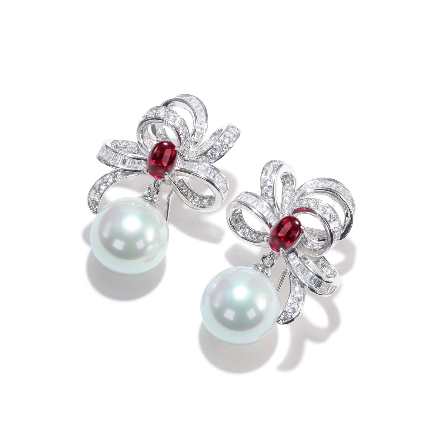 Promotional design Micro-setting Ruby color mixed cutting Lab created stones artistic White Shell Pearl earrings, sterling silver