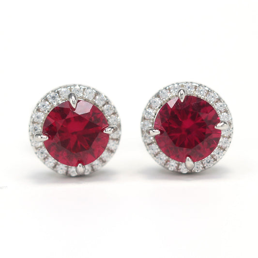 Micro-setting ruby color round shape ear studs, sterling silver. (2 carat)