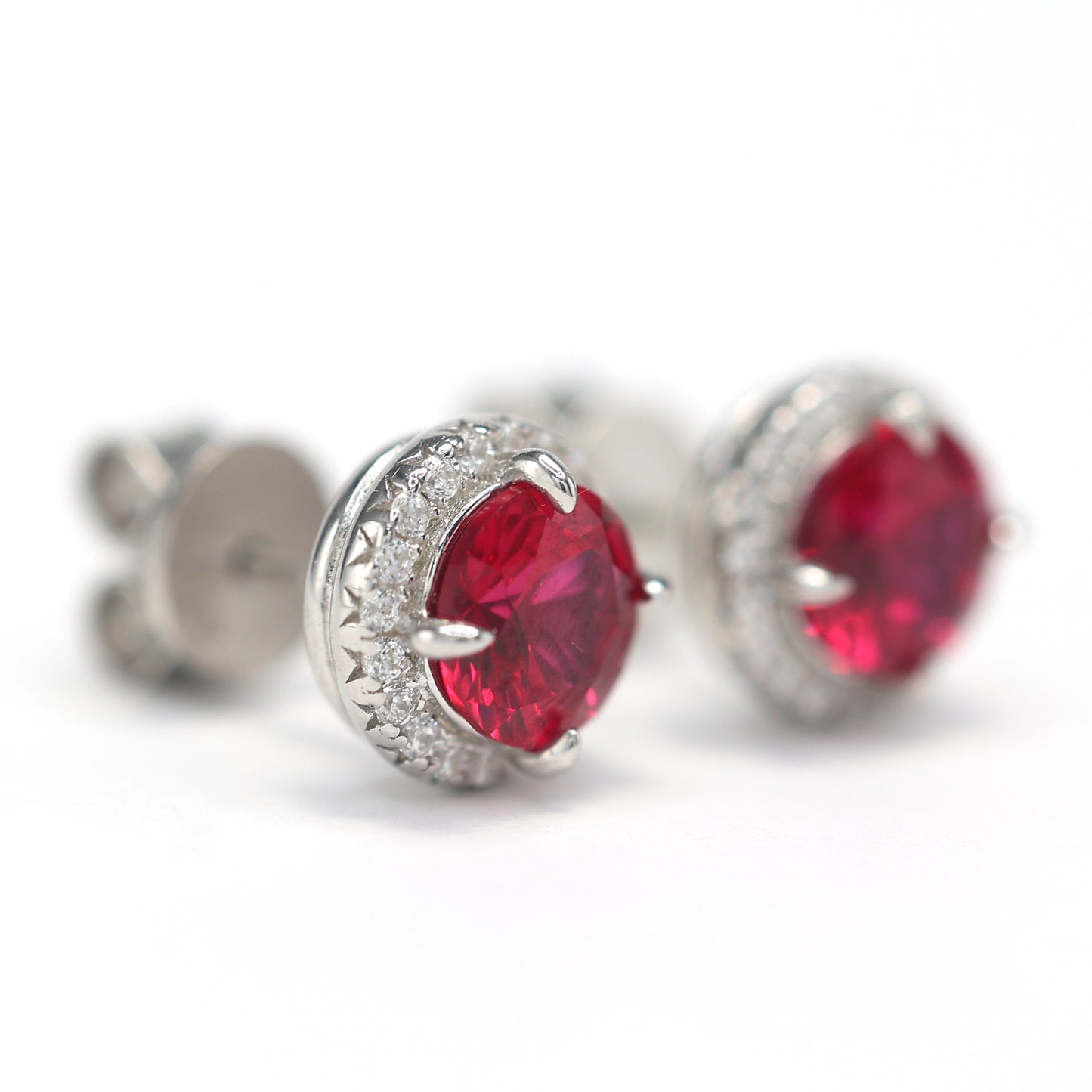 Micro-setting ruby color round shape ear studs, sterling silver. (2 carat)