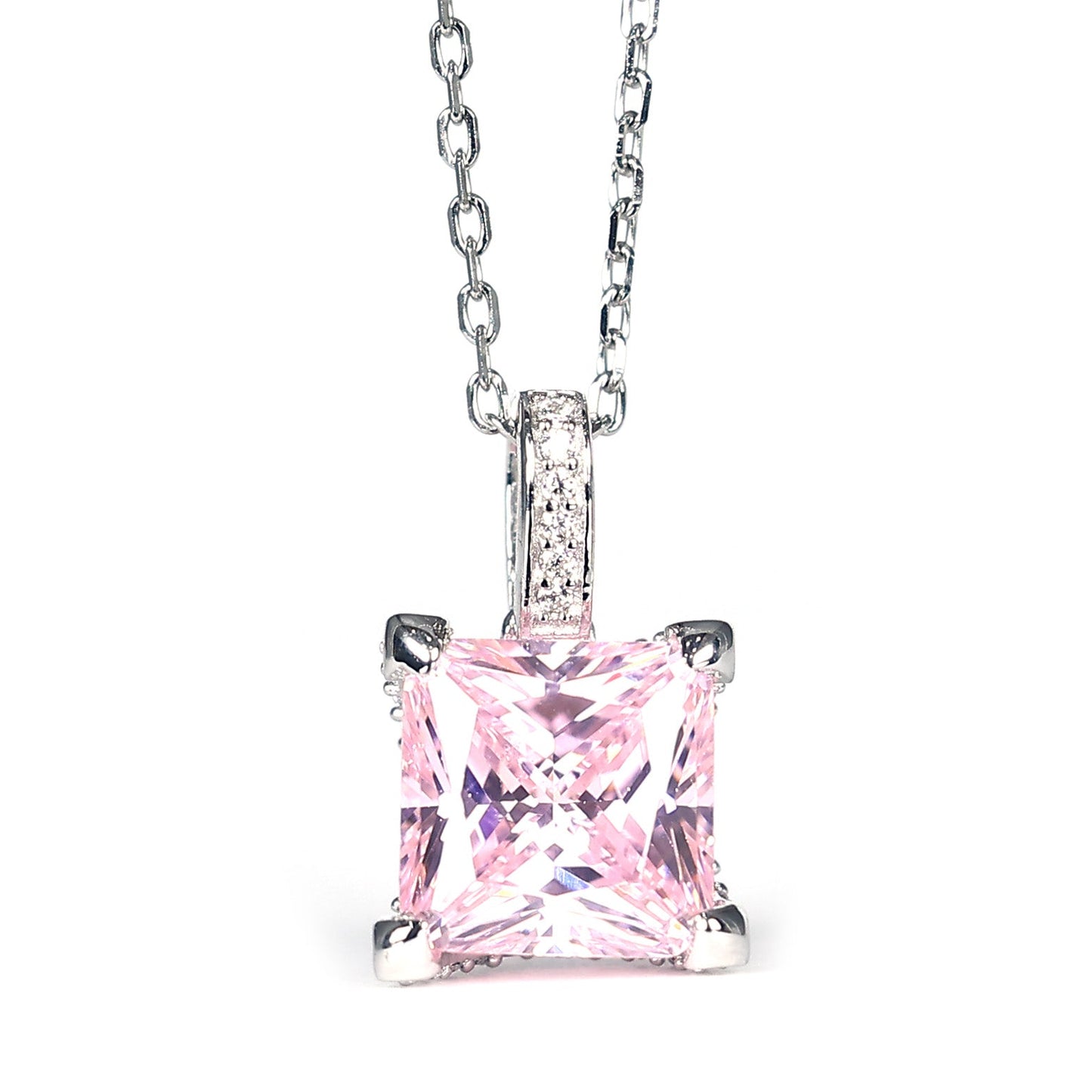 Only 1 Micro-setting Pink color lab created stones necklace, sterling silver