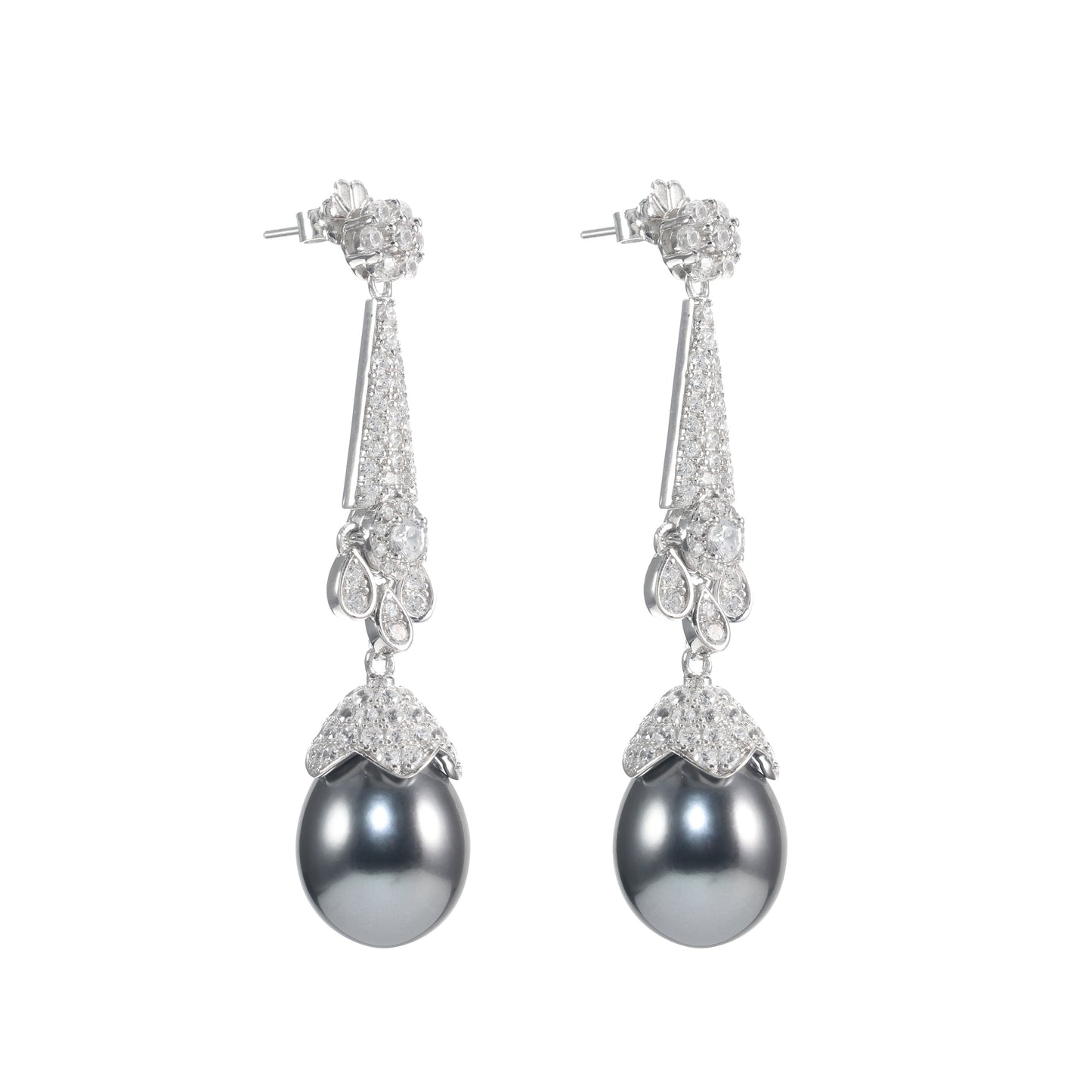 Promotional design Micro-setting Clear diamond color Lab created stones artistic Grey Shell Pearl dangling earrings, sterling silver