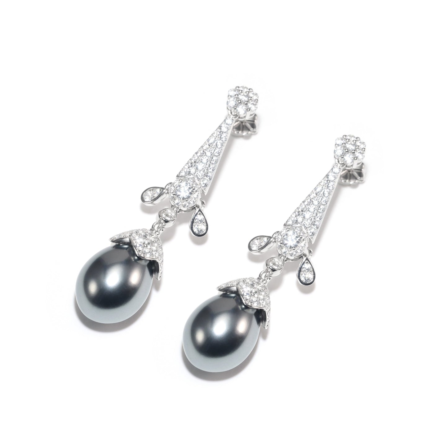 Promotional design Micro-setting Clear diamond color Lab created stones artistic Grey Shell Pearl dangling earrings, sterling silver