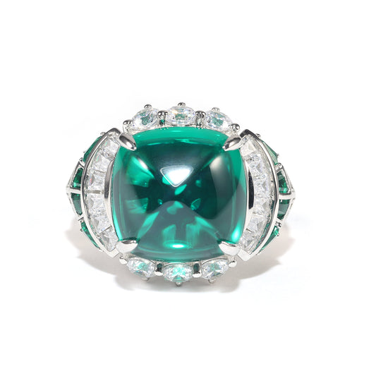 Micro-setting emerald color sugar tower Lab created stones Art deco style ring, sterling silver