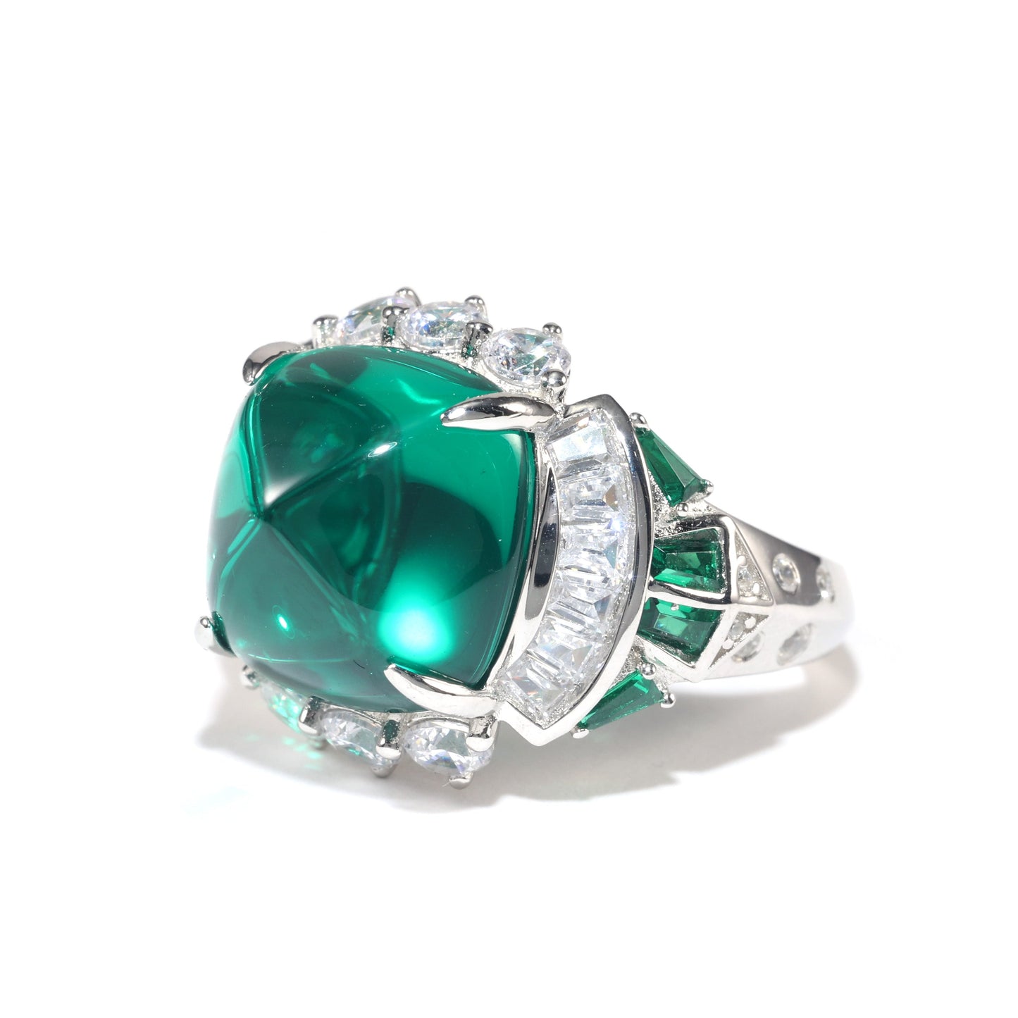 Micro-setting emerald color sugar tower Lab created stones Art deco style ring, sterling silver