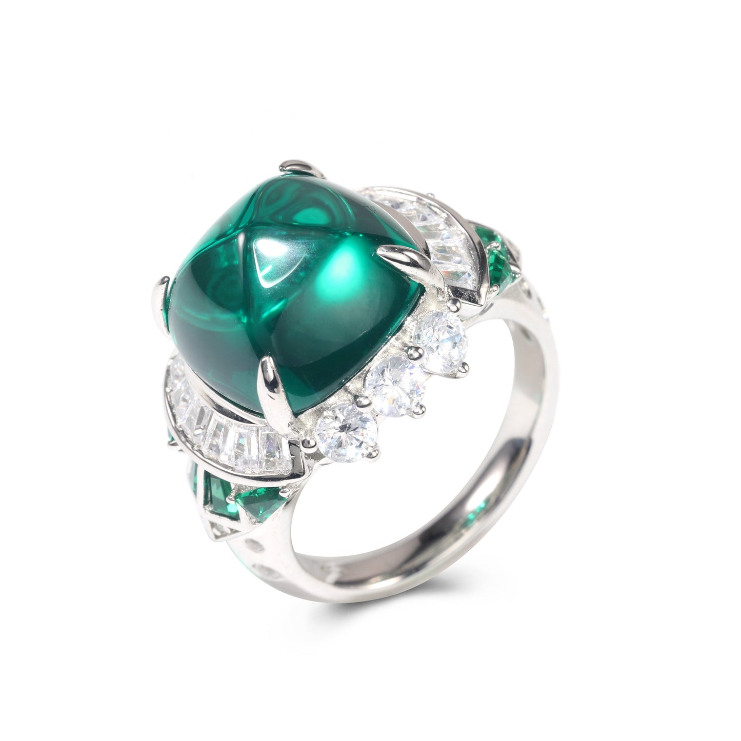 Micro-setting emerald color sugar tower Lab created stones Art deco style ring, sterling silver