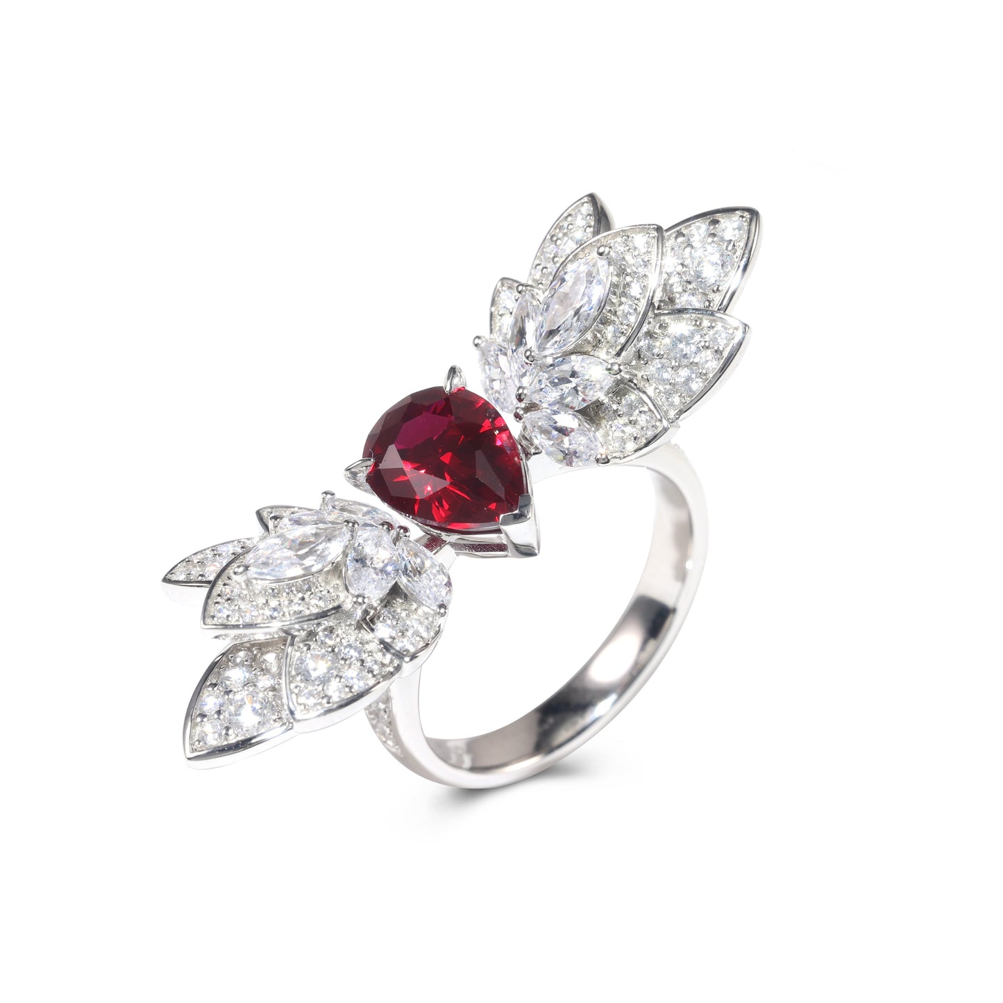 Micro-setting Ruby color Lab created stones individuality Angel's wing ring, sterling silver