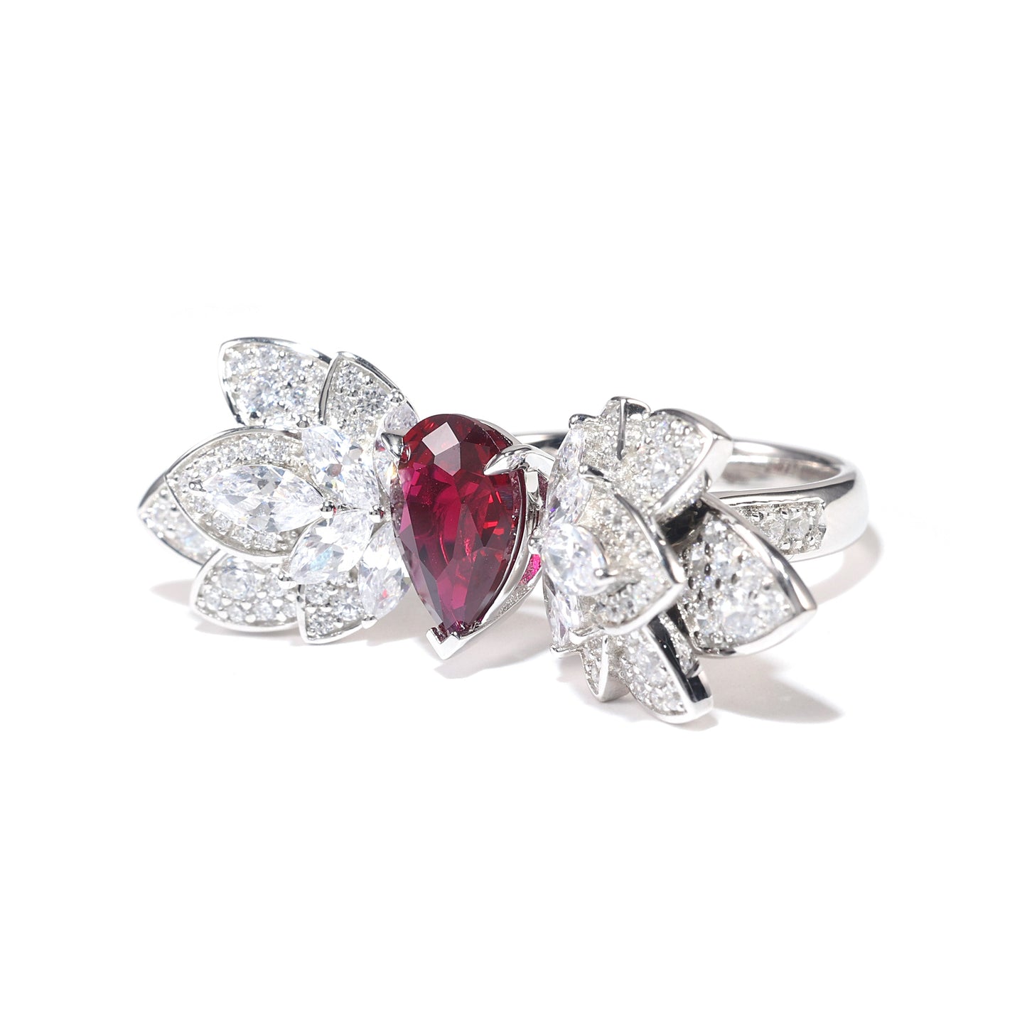 Micro-setting Ruby color Lab created stones individuality Angel's wing ring, sterling silver