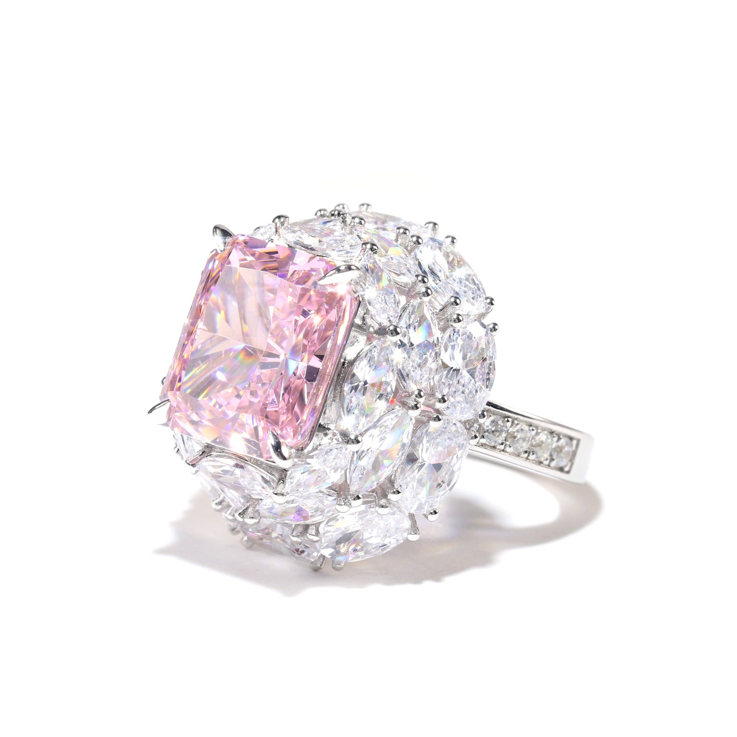 Micro-setting Pink diamond color lab created stones the Summer garden ring, sterling silver