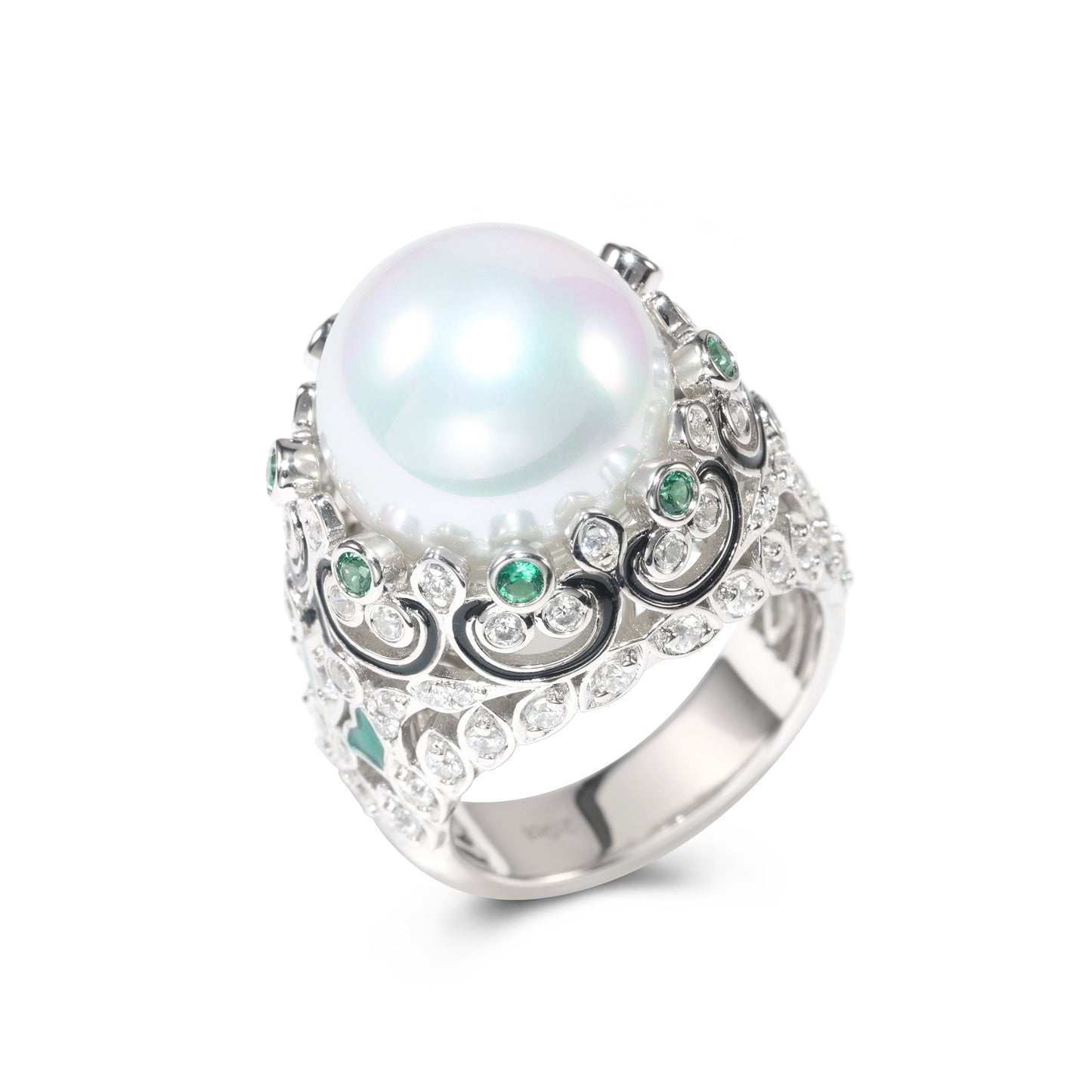 Micro-setting White shell pearl detailed luxurious ring, sterling silver