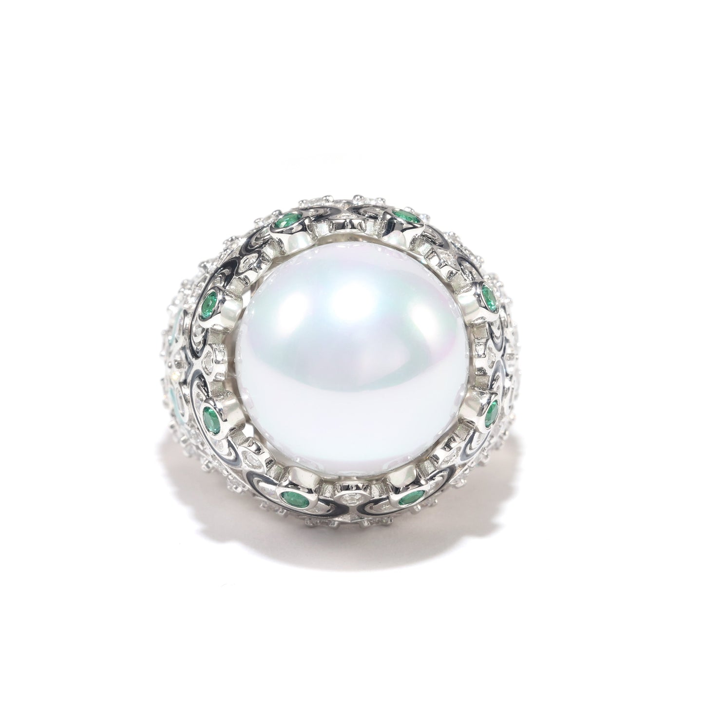 Micro-setting White shell pearl detailed luxurious ring, sterling silver