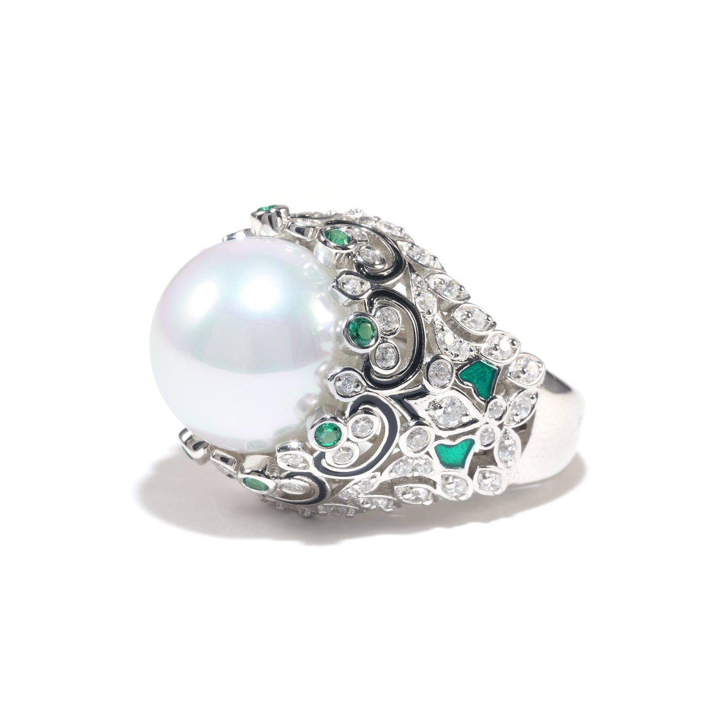 Micro-setting White shell pearl detailed luxurious ring, sterling silver