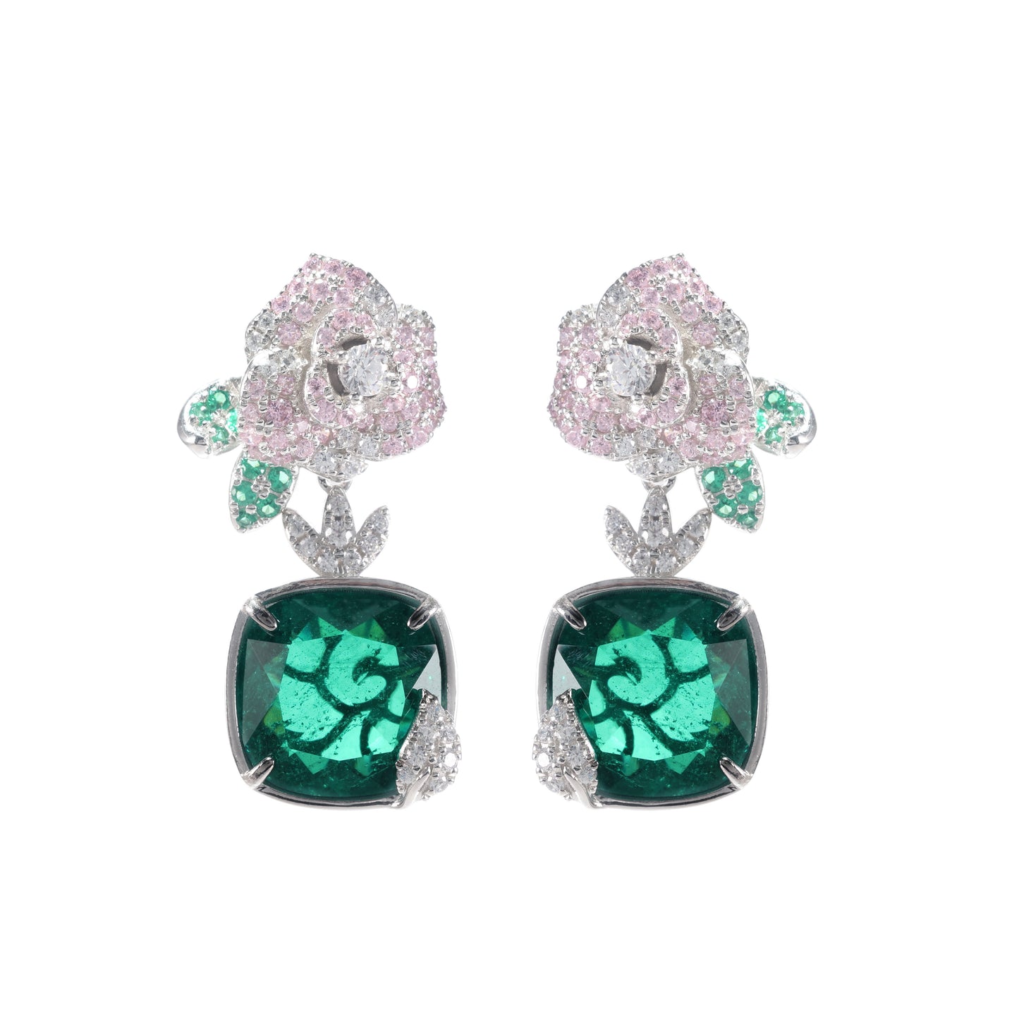 Exquisite new collection - "Emerald Enchantment" Micro-setting Emerald color Lab created stones artistic Camellia earrings, sterling silver