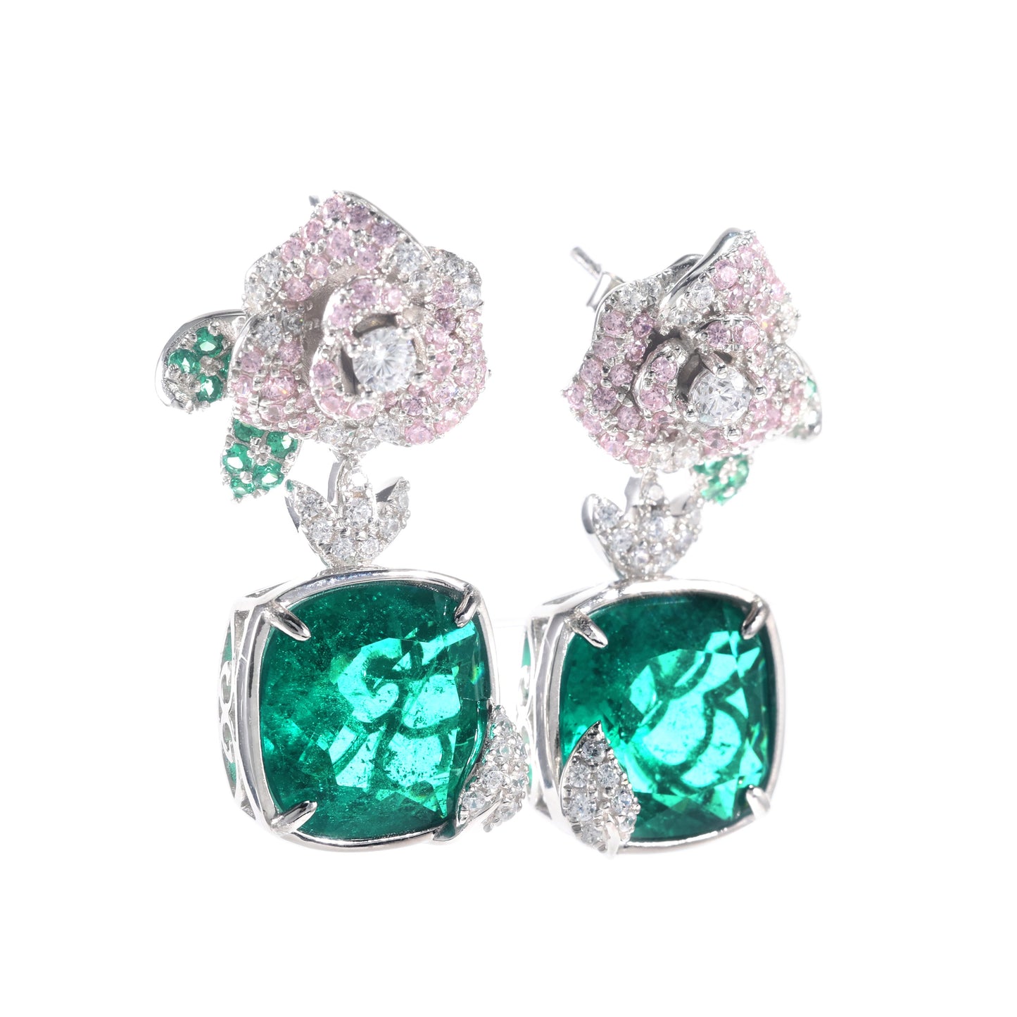 Exquisite new collection - "Emerald Enchantment" Micro-setting Emerald color Lab created stones artistic Camellia earrings, sterling silver