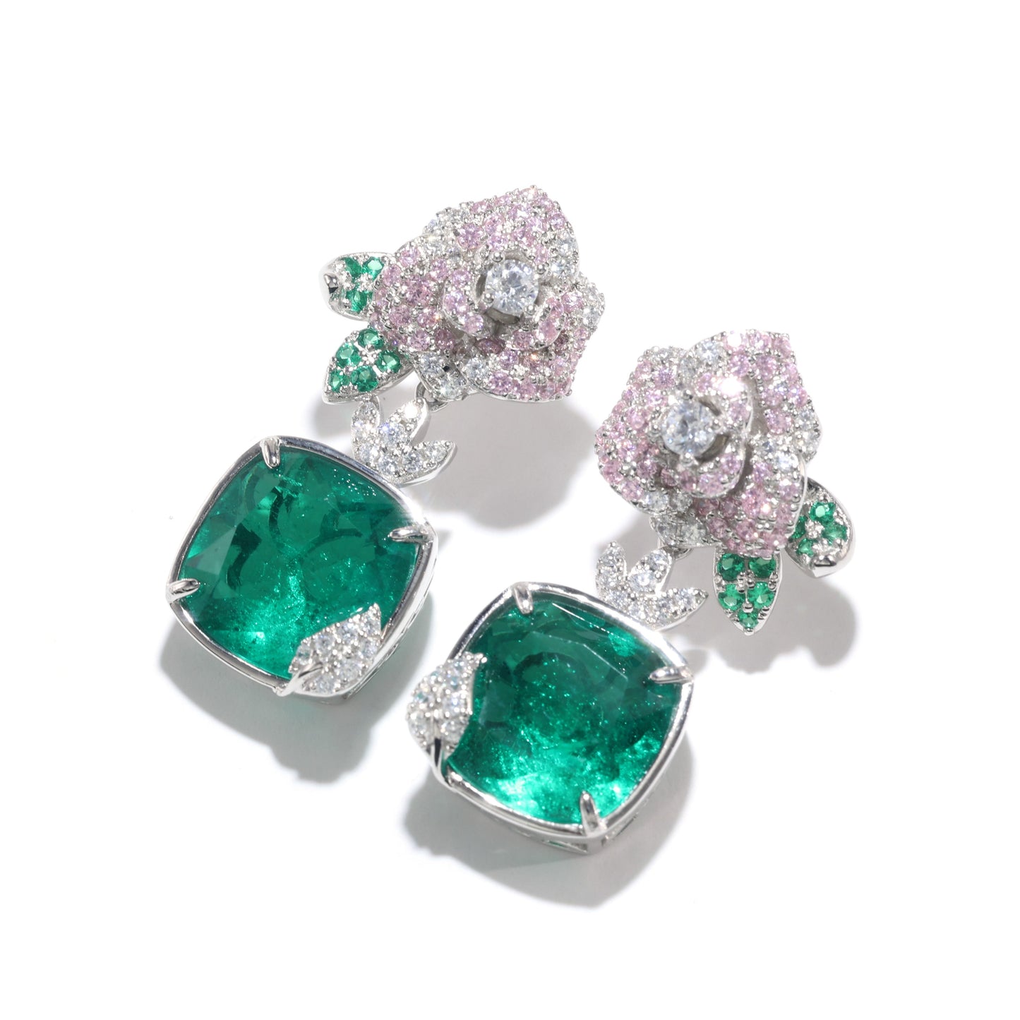 Exquisite new collection - "Emerald Enchantment" Micro-setting Emerald color Lab created stones artistic Camellia earrings, sterling silver