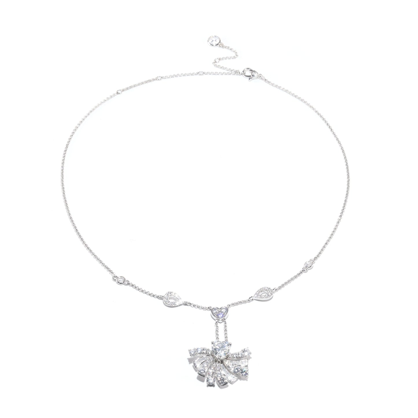 Promotional design Micro-setting Clear diamond color Lab created stones Heart Fan necklace, sterling silver