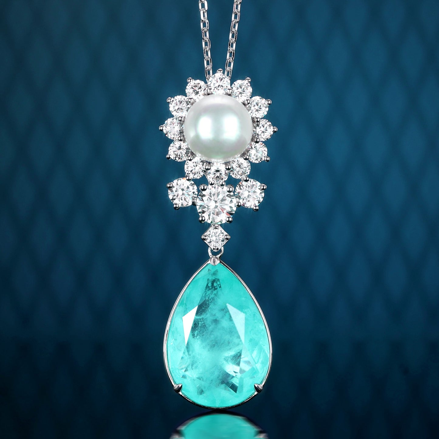 Micro-setting Paraiba color Lab created stones Teardrop necklace, sterling silver