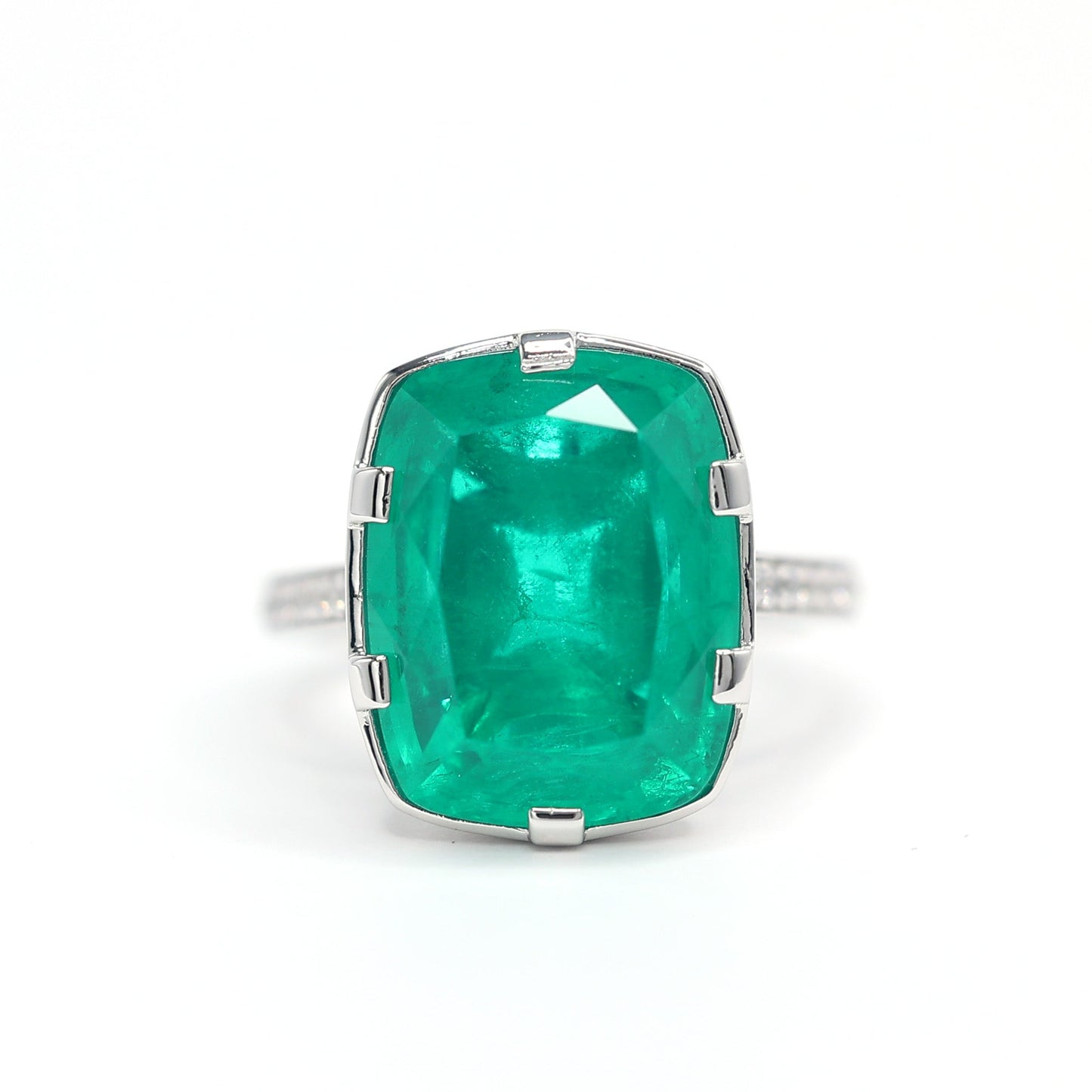 Micro-setting Miracle Rectangular Emerald color ring, sterling silver. (16.5 carat)