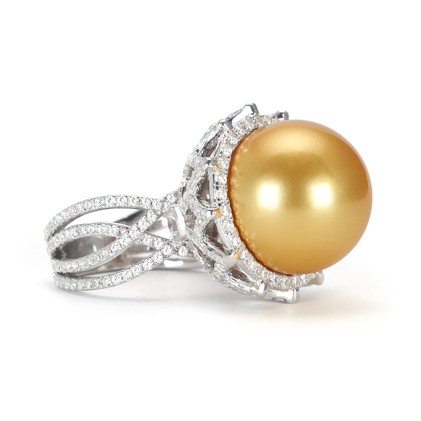 Micro-setting Golden shell pearl and lab created stones detailed bouquet ring, sterling silver