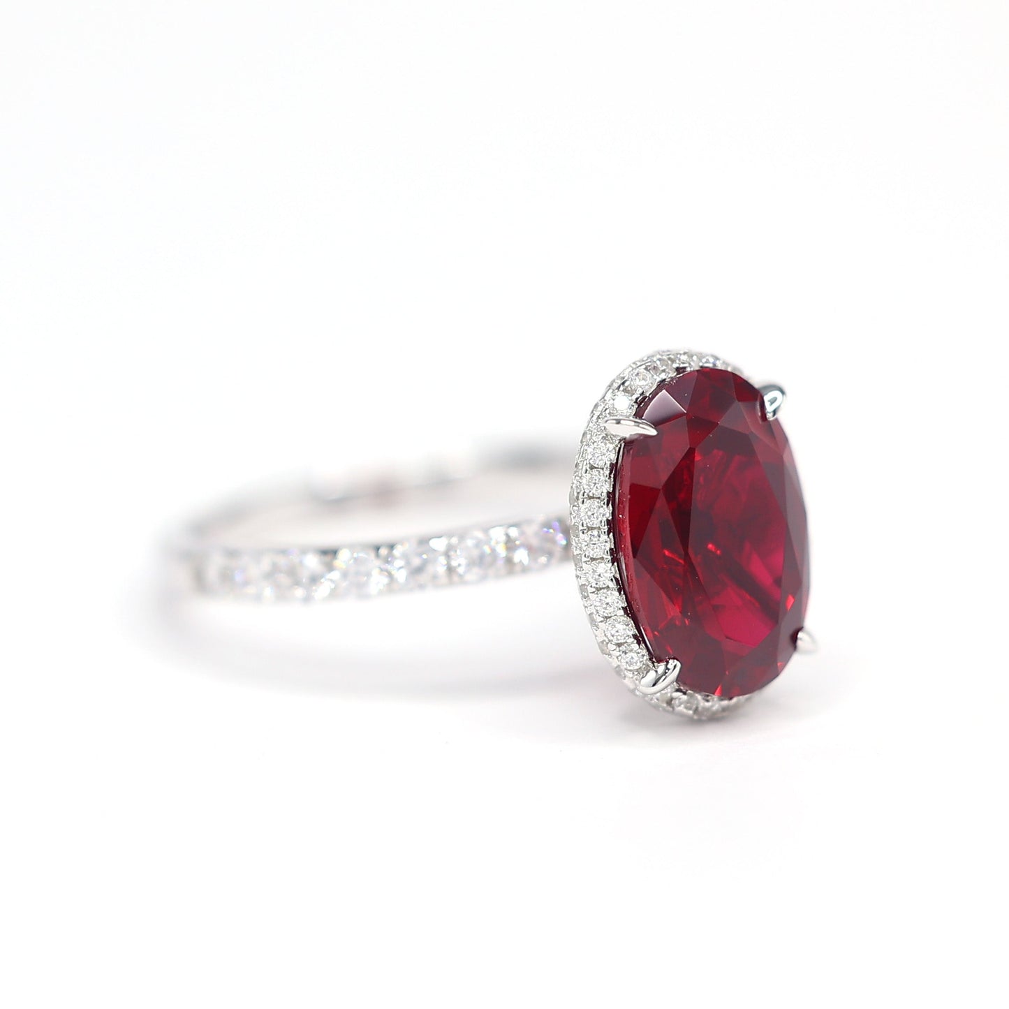 Micro-setting Ruby color Lab created stones Pigeon egg shape ring sterling silver