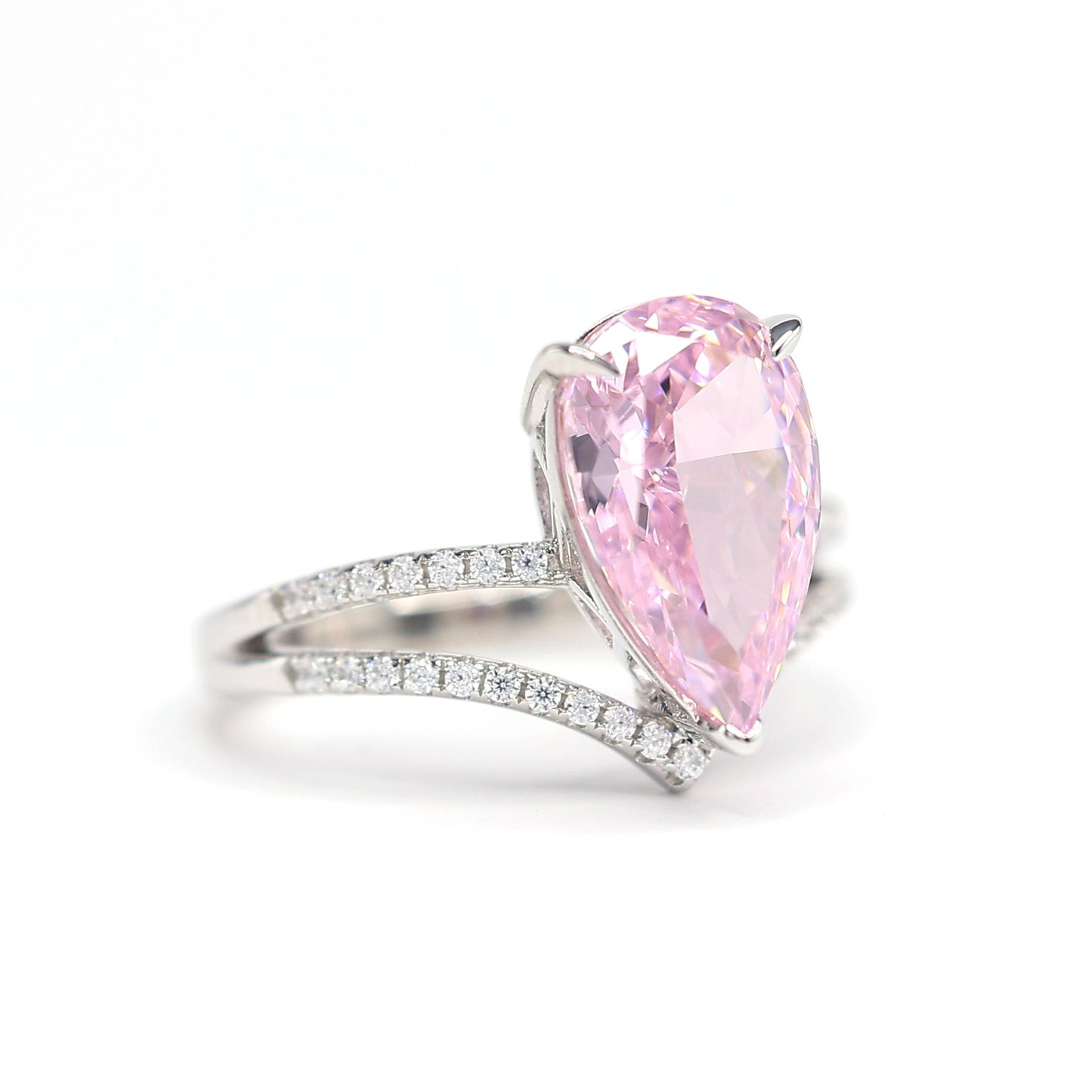 Promotional design Micro-setting Light Pink color Lab created stones waterdrop ring, sterling silver. (10.59carat)