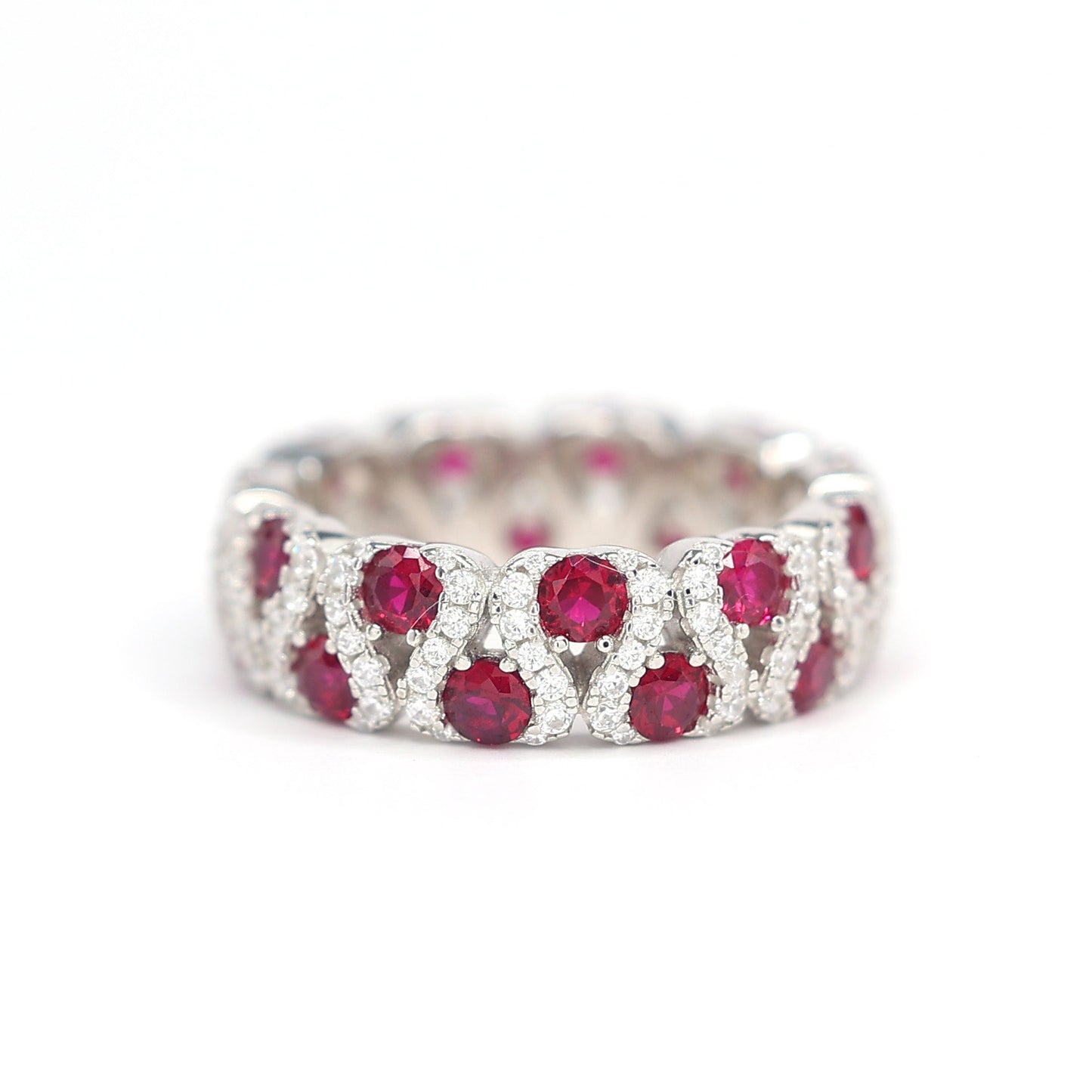 Micro-setting ruby color Lab created stones refined scholars ring, sterling silver