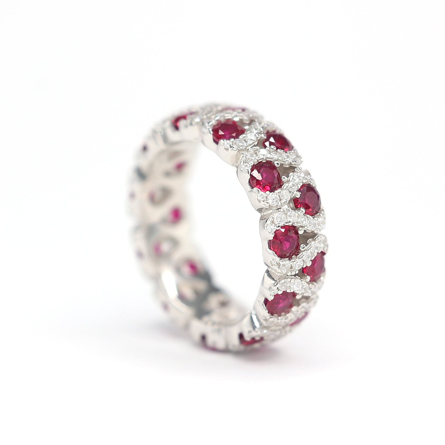 Micro-setting ruby color Lab created stones refined scholars ring, sterling silver