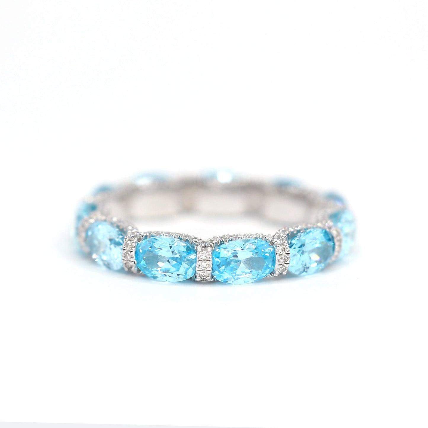 Micro-setting Aquamarine color Lab created stones detailed band ring, sterling silver. (7.5 carat)