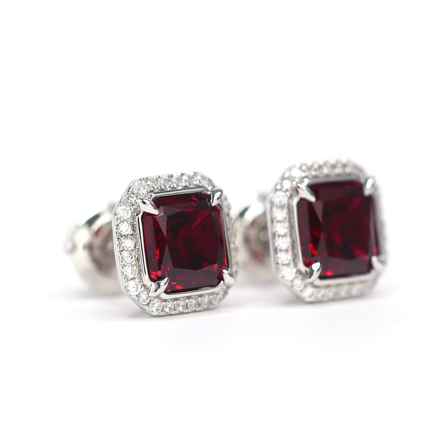 Micro-setting Ruby color square shape Lab created stones 4 prong earrings, sterling silver