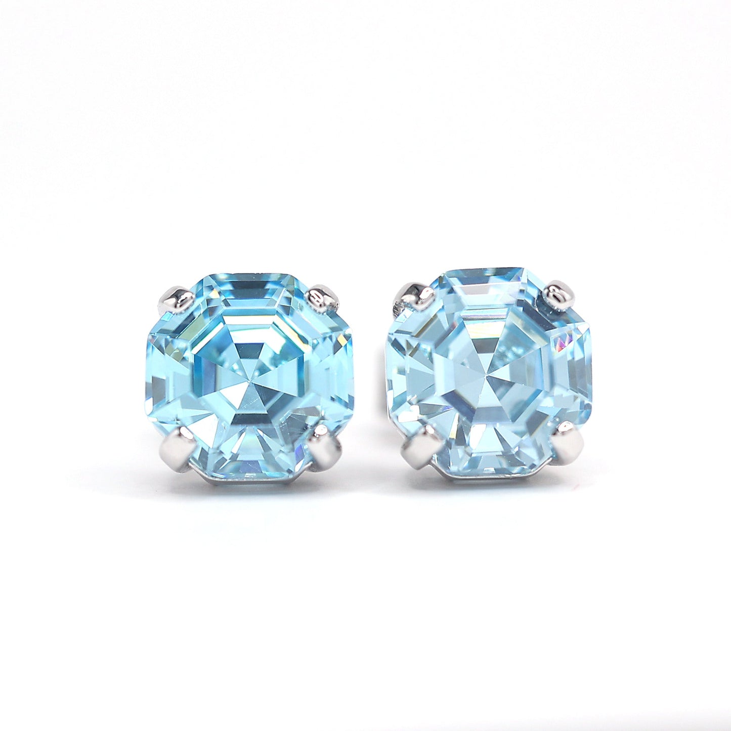 Micro-setting Aquamarine color special Asscher cut earrings, sterling silver