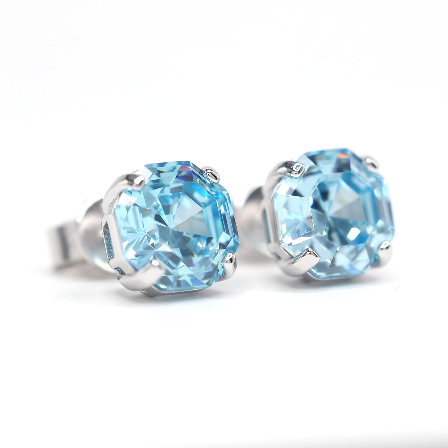 Micro-setting Aquamarine color special Asscher cut earrings, sterling silver