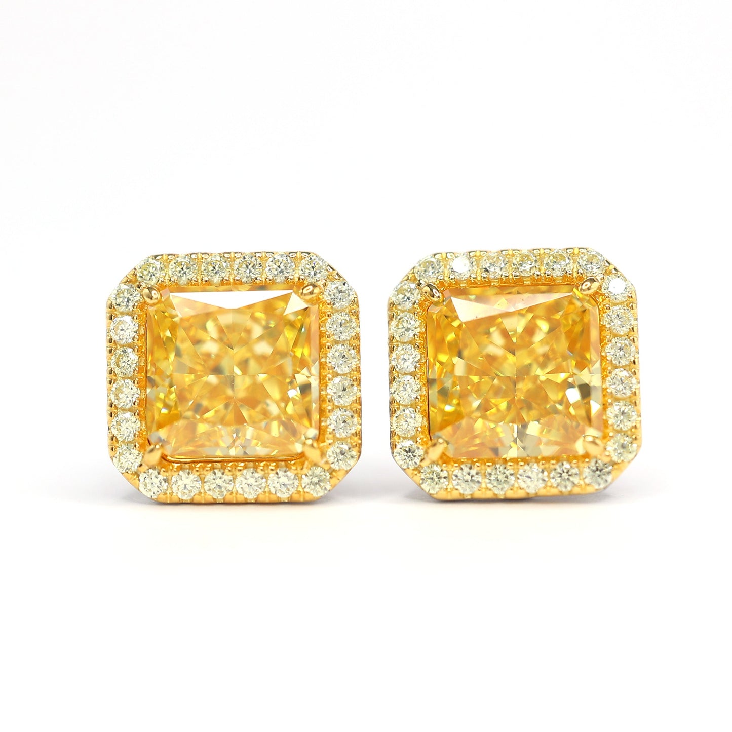 Micro-setting yellow diamond color Lab created stones double platting fully studded ear studs, sterling silver