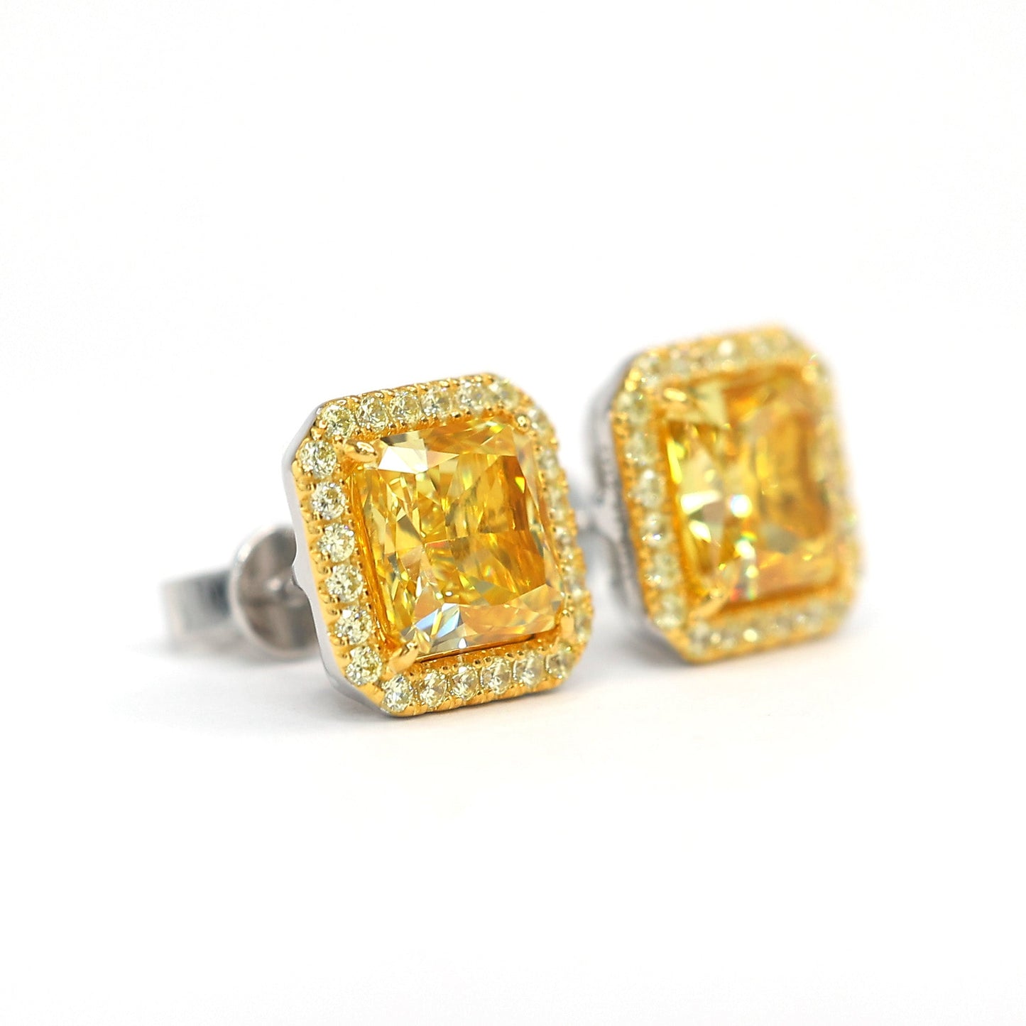 Micro-setting yellow diamond color Lab created stones double platting fully studded ear studs, sterling silver