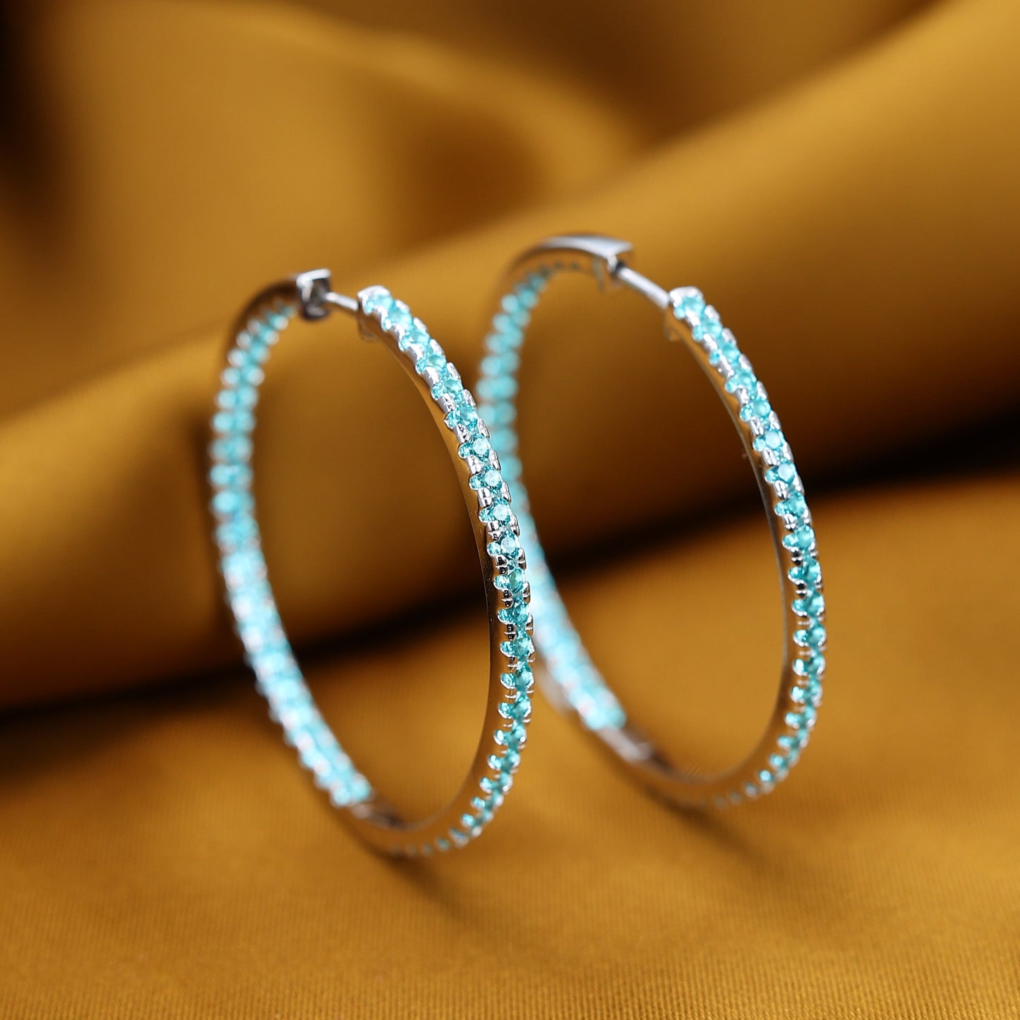 Micro-setting Aquamarine color lab created stones crown ear hoop, sterling silver