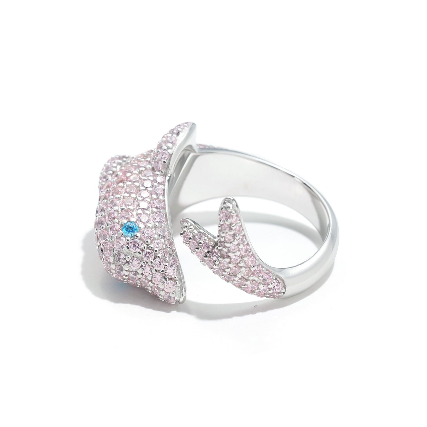 Promotional design Micro-setting pink and blue diamond color Lab created stones Romantic Dolphin ring, sterling silver