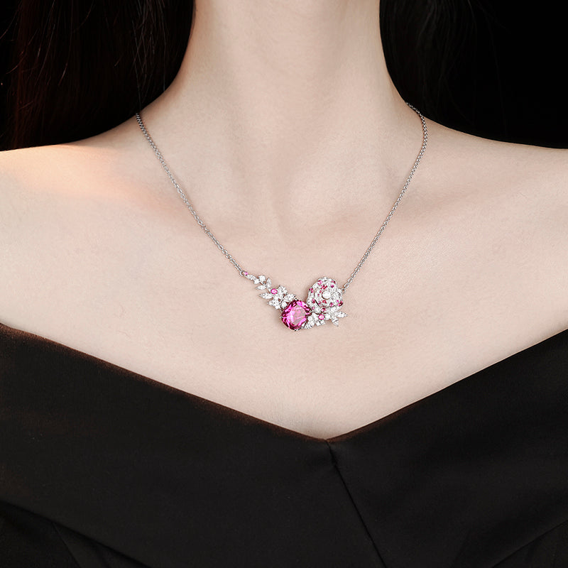 The nature collection: Micro-setting Jedi spinel color Lab created stones Romantic Camellia flower necklace, sterling silver.