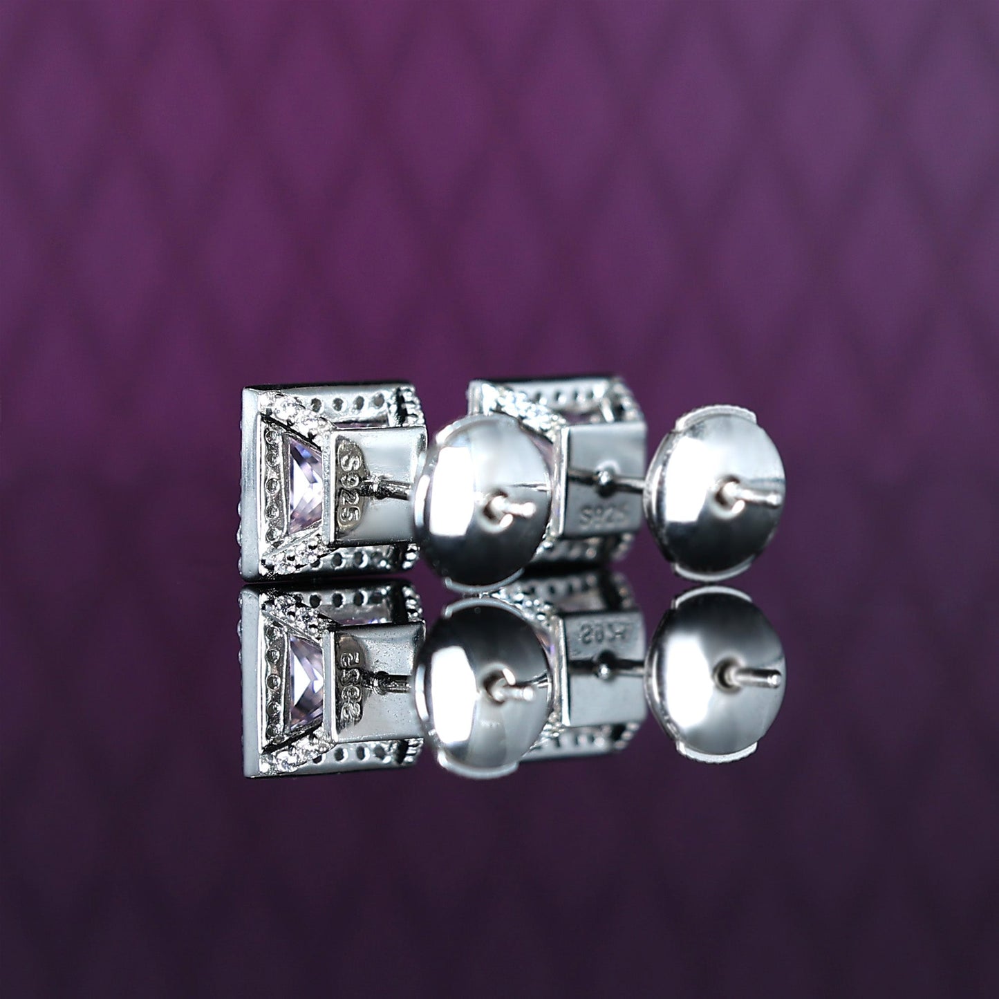 Micro-setting Pink diamond color princess cut Lab created stones Square shape detailed ear studs, sterling silver