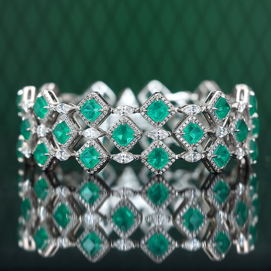 Micro-setting Emerald color Lab created stones fully studded the Grid wide band bracelet, sterling silver