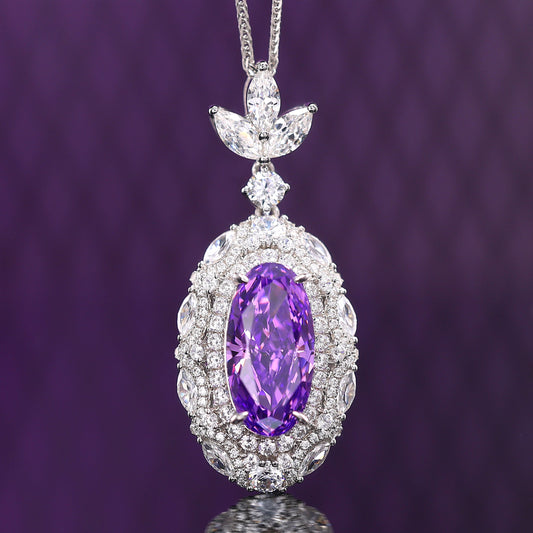 Micro-setting Purple color Lab created stones horse eye shape necklace, sterling silver