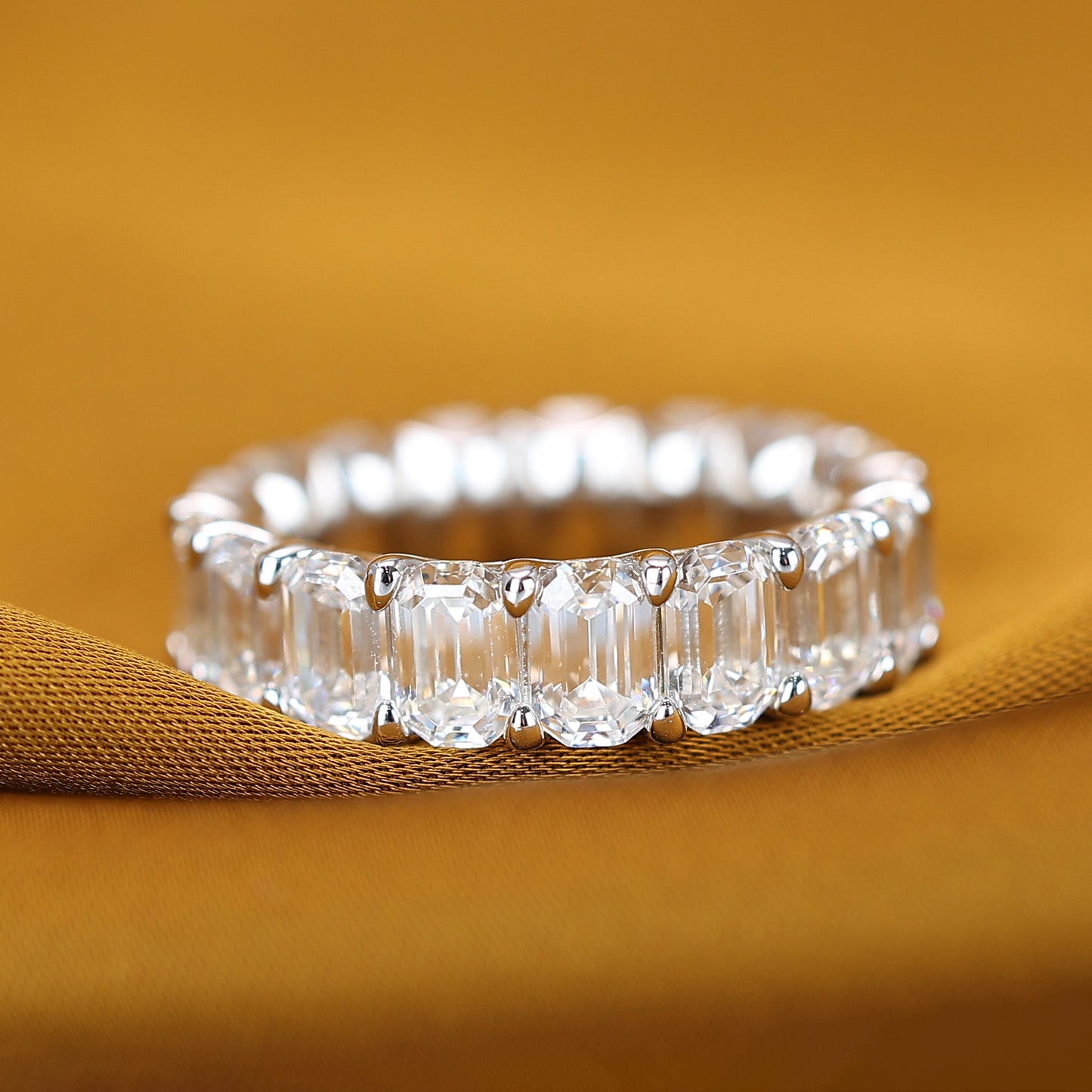 Micro-setting Emerald-cut Lab created stones Wide version ring, sterling silver.  (15 carat)