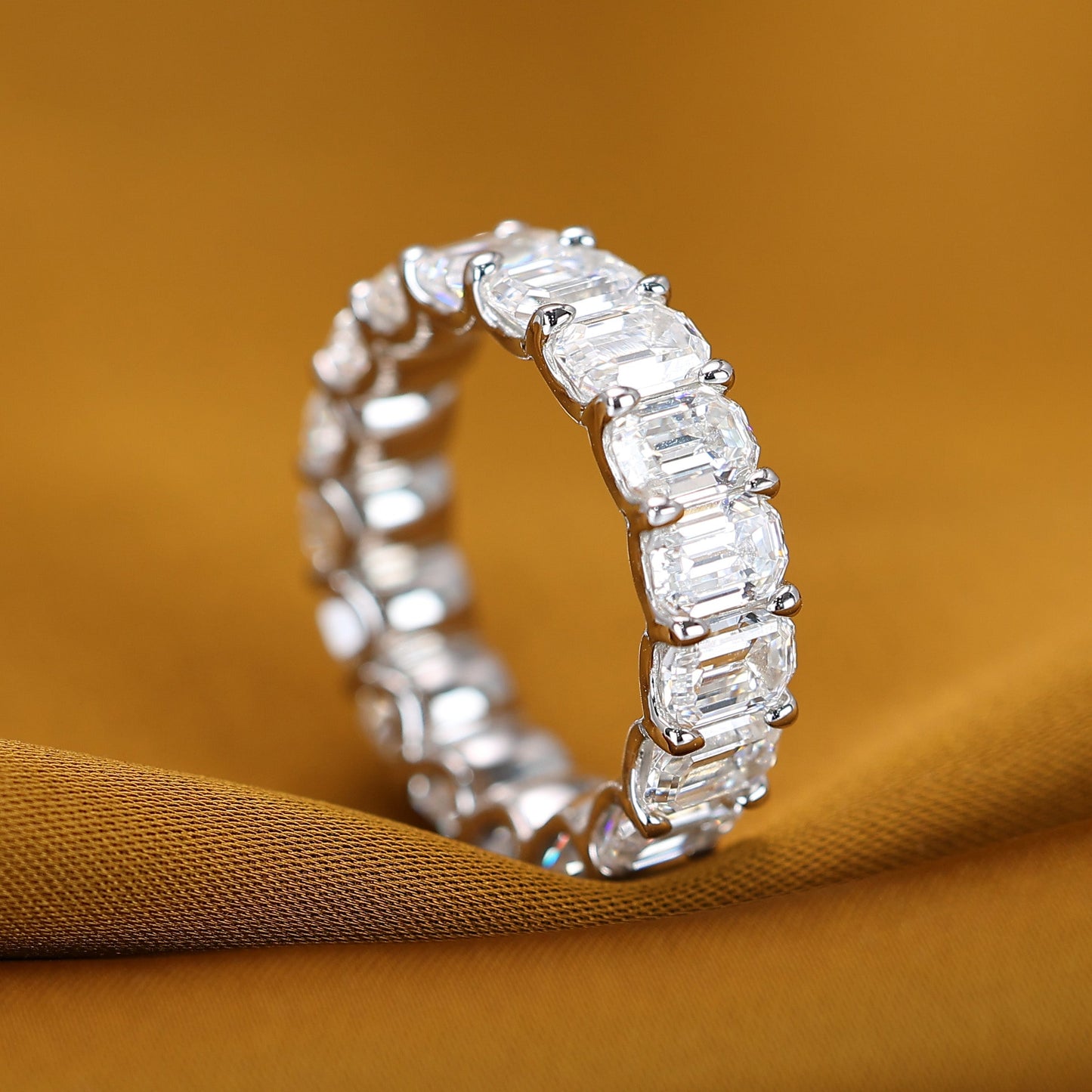 Micro-setting Emerald-cut Lab created stones Wide version ring, sterling silver.  (15 carat)