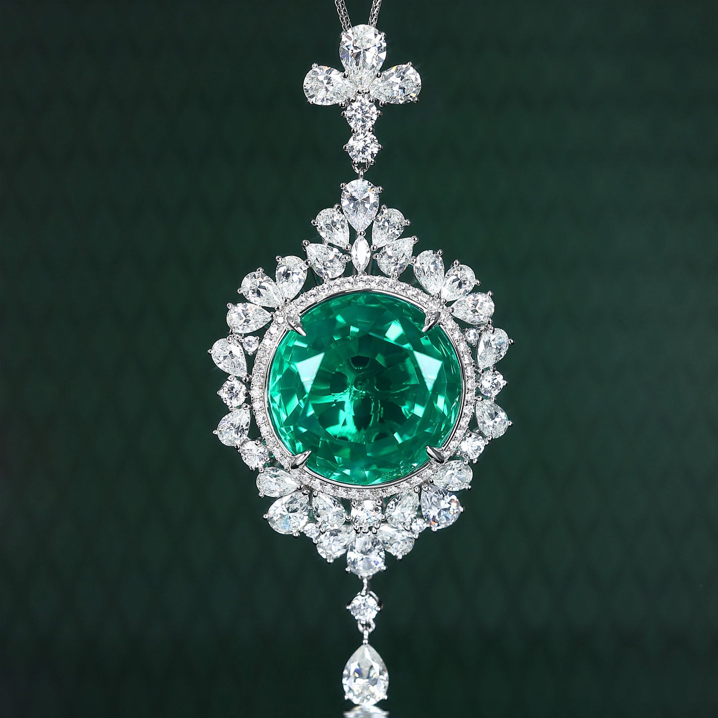 Micro-setting Emerald color Round Lab created stones Fancy lace pendant, sterling silver.(82.32 carat).