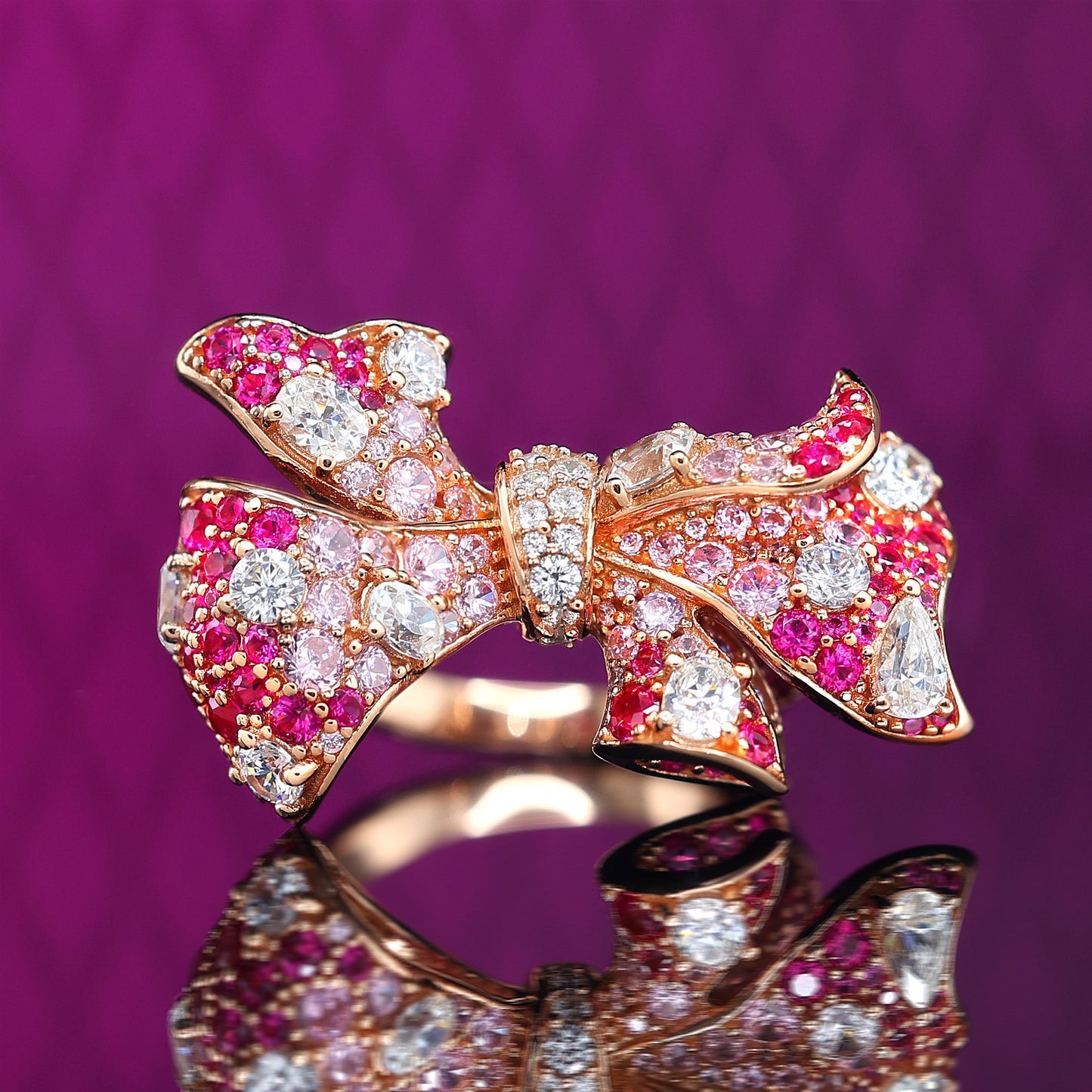 Micro-setting mixed color Lab created stones Love of Butterfly rose-gold platting ring, sterling silver