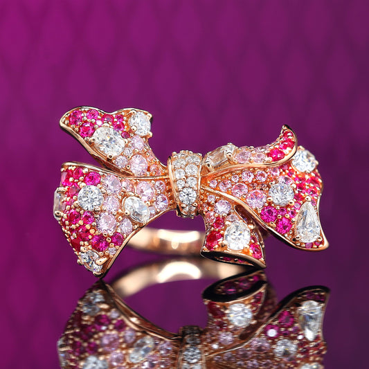 Micro-setting mixed color Lab created stones Love of Butterfly rose-gold platting ring, sterling silver