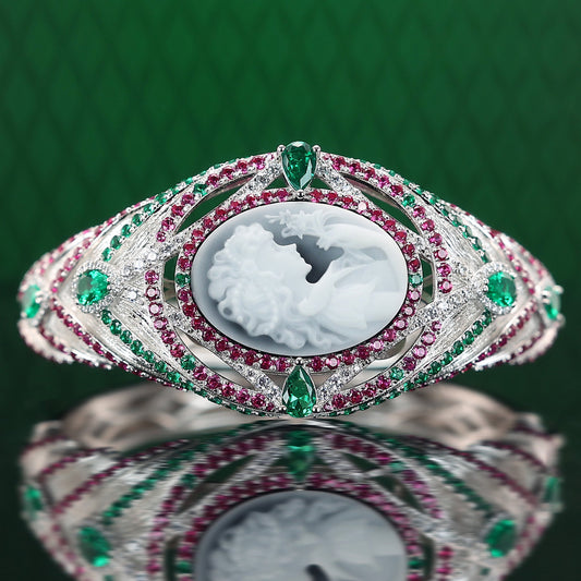 Micro-setting Lab created stones Fairy with the Flower cameo bangle, sterling silver