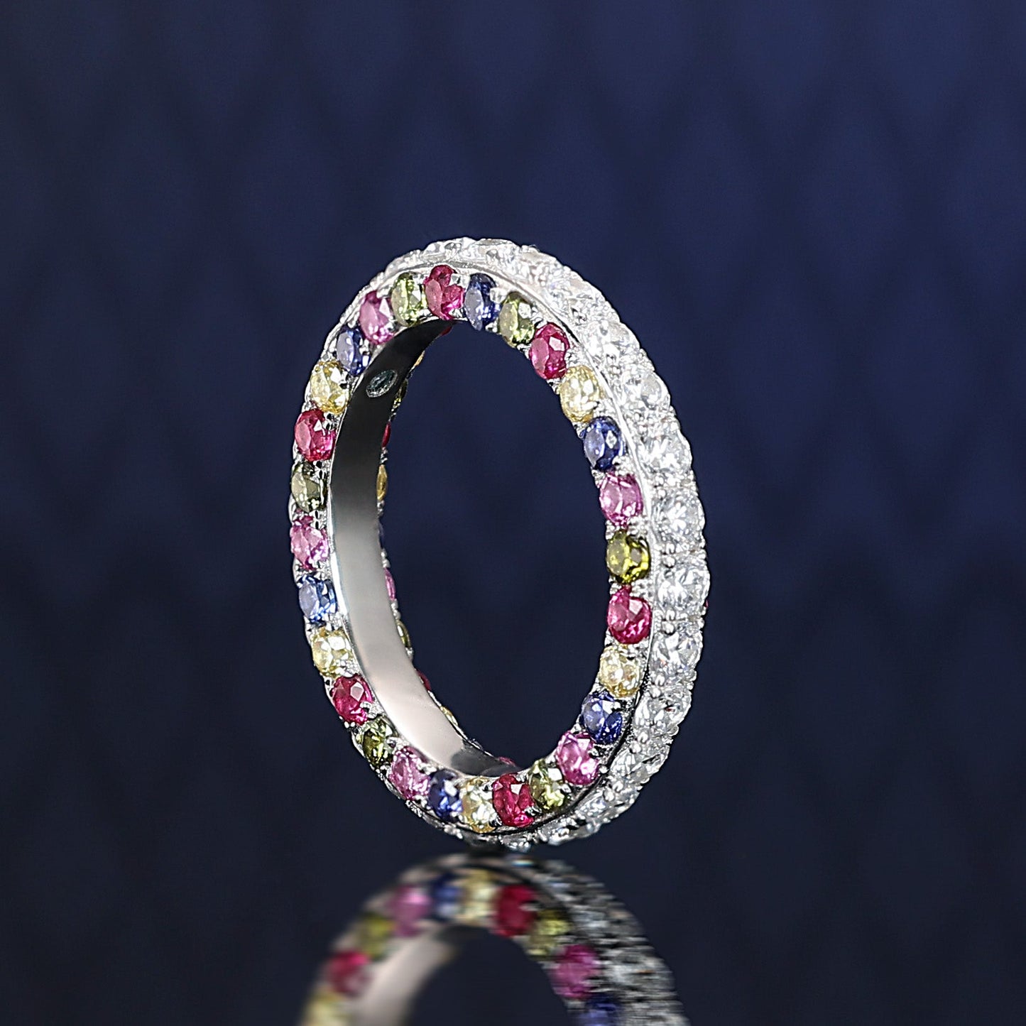 Micro-setting mixed colors lab created stones Colorful auspicious clouds band ring, sterling silver