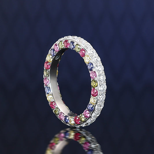 Micro-setting mixed colors lab created stones Colorful auspicious clouds band ring, sterling silver