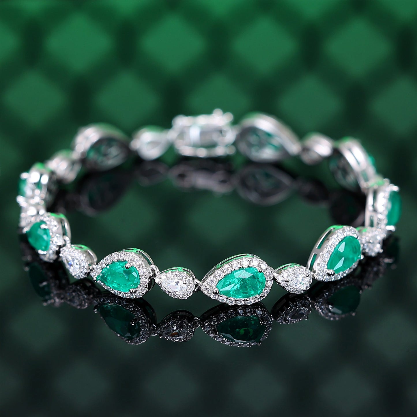 Micro-setting Emerald color Lab created stones fully studded waterdrop bracelet, sterling silver