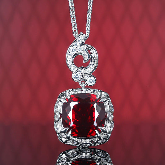 Micro-setting Ruby color Square-shape Birds paying homage to the phoenix necklace, sterling silver