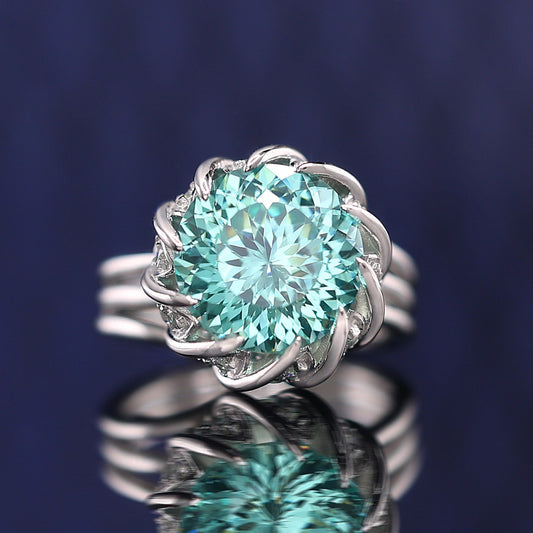 Micro-setting Paraiba color Lab created stones luxurious inlaid Lotus ring, sterling silver