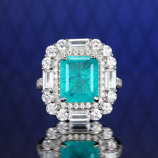 Special offer Micro-setting Paraiba color Lab created stones luxurious rectangular ring, sterling silver